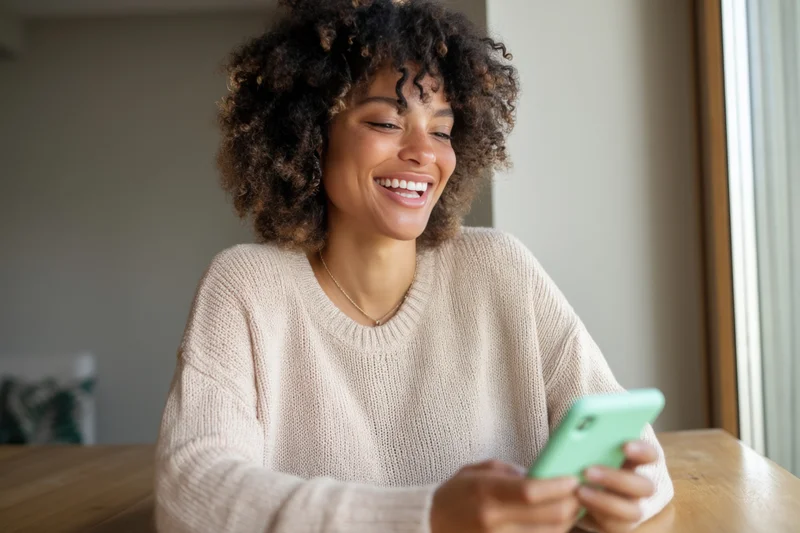 Woman smiling while using smartphone at wooden table indoors