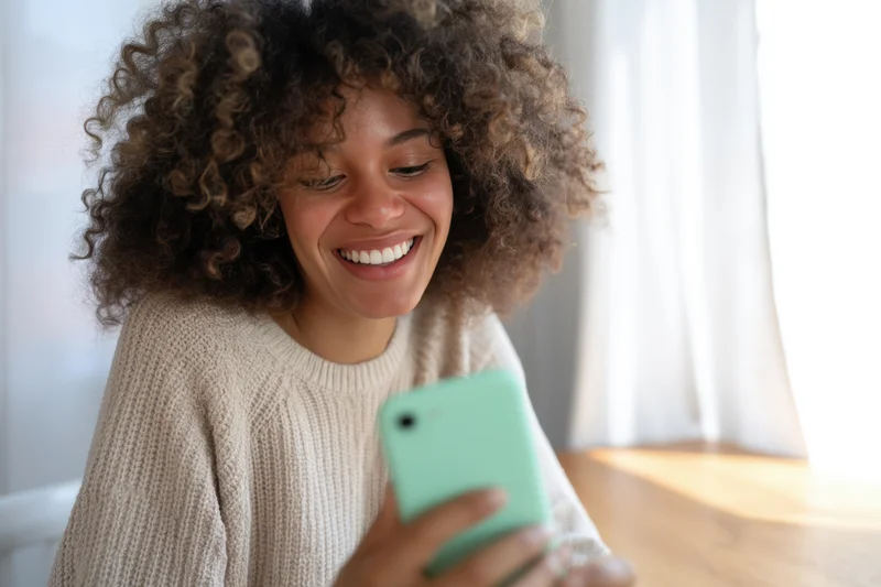Woman smiling while holding smartphone indoors