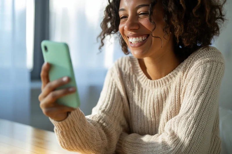 Woman smiling while using smartphone at home table