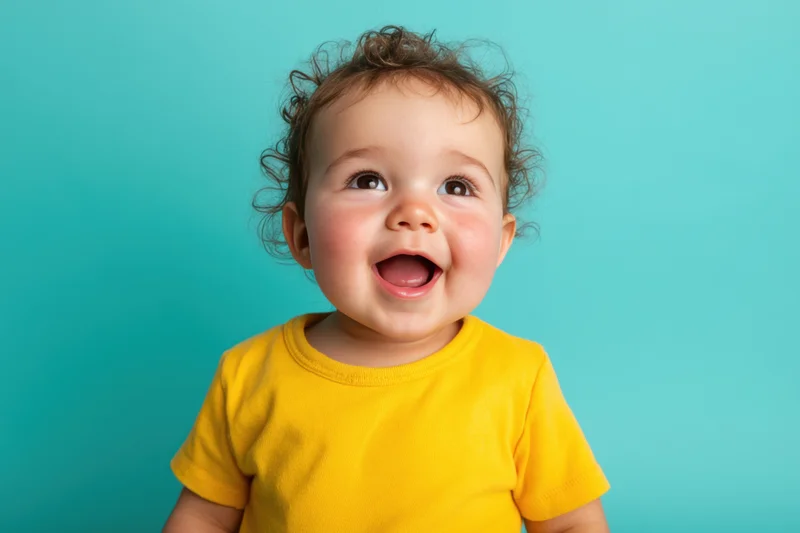 Cheerful toddler in yellow shirt laughing against turquoise background