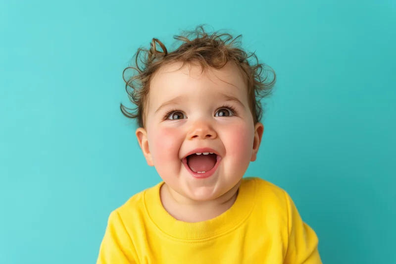 Toddler in yellow shirt laughing with curly hair against blue background