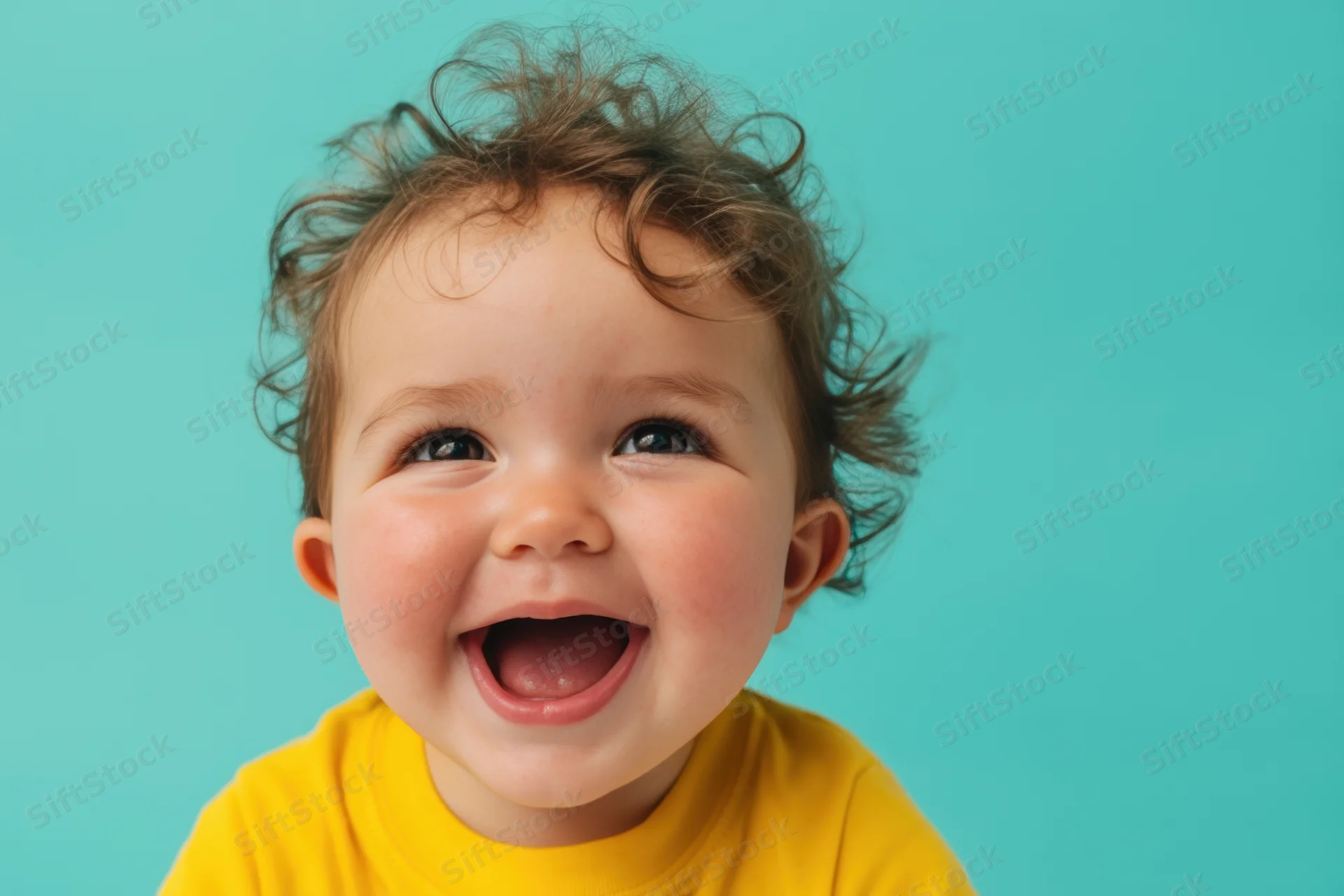 Toddler in yellow shirt laughing with curly hair against turquoise background