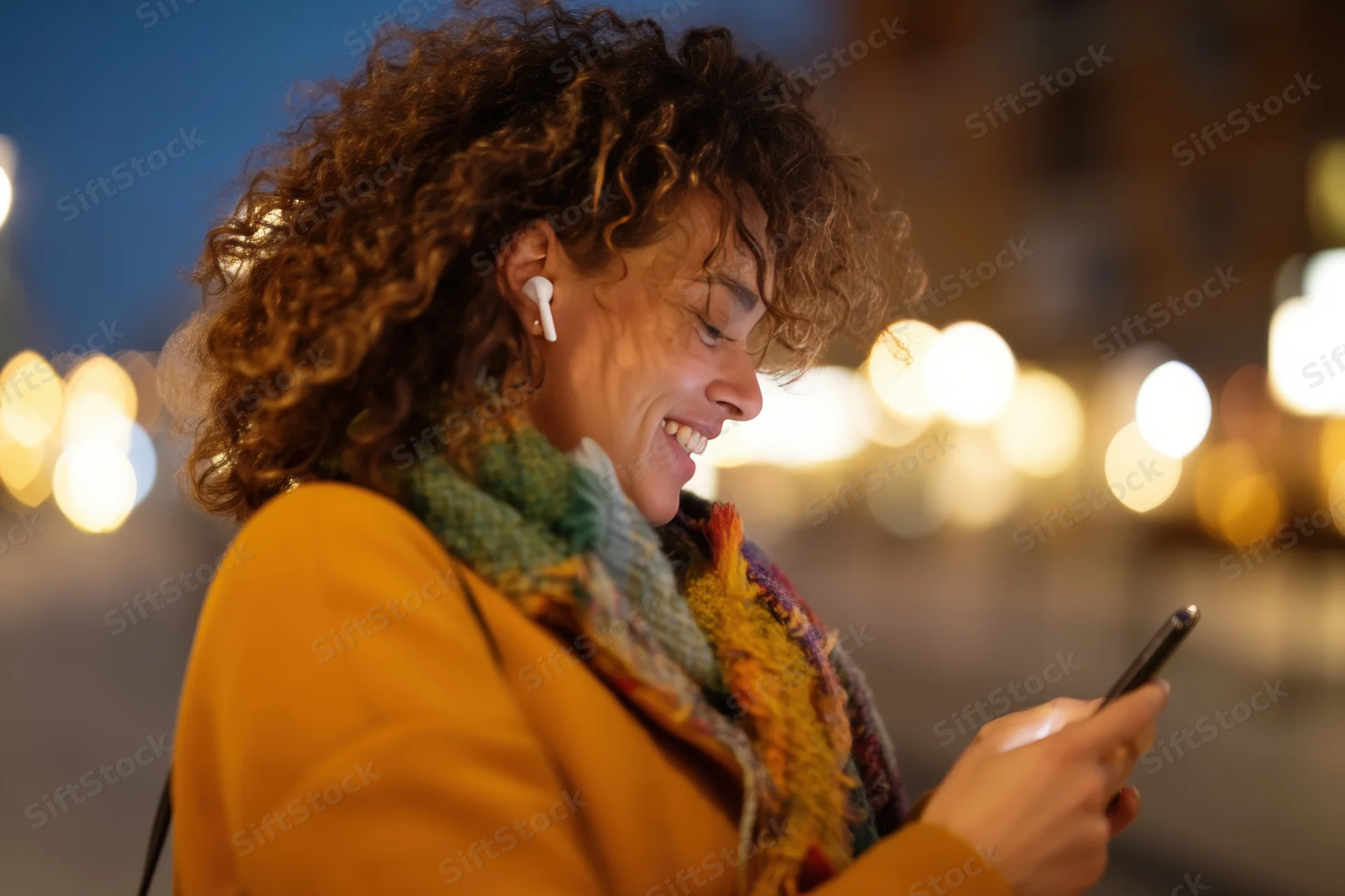 Woman smiling while using smartphone outdoors at night in city setting