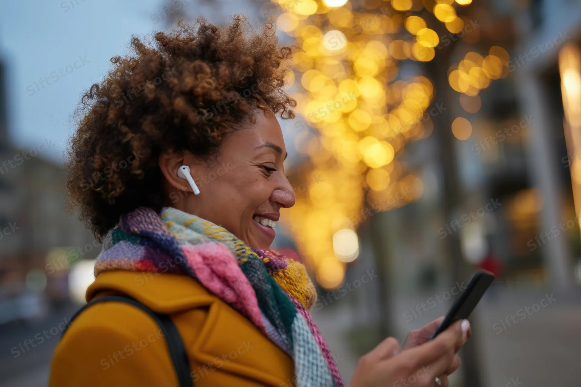 Woman smiling while using smartphone outdoors in city evening with bokeh lights in background