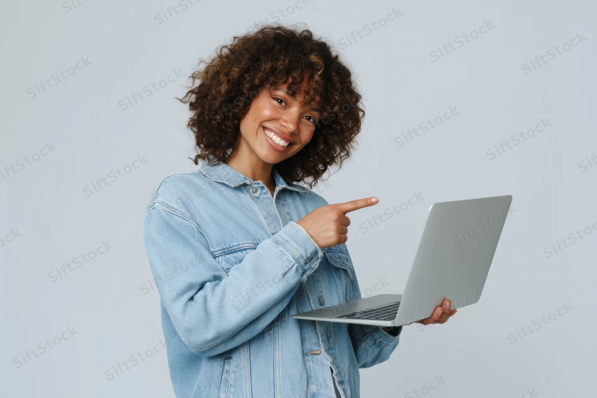 Smiling woman with curly hair pointing at laptop screen while holding it in studio setting