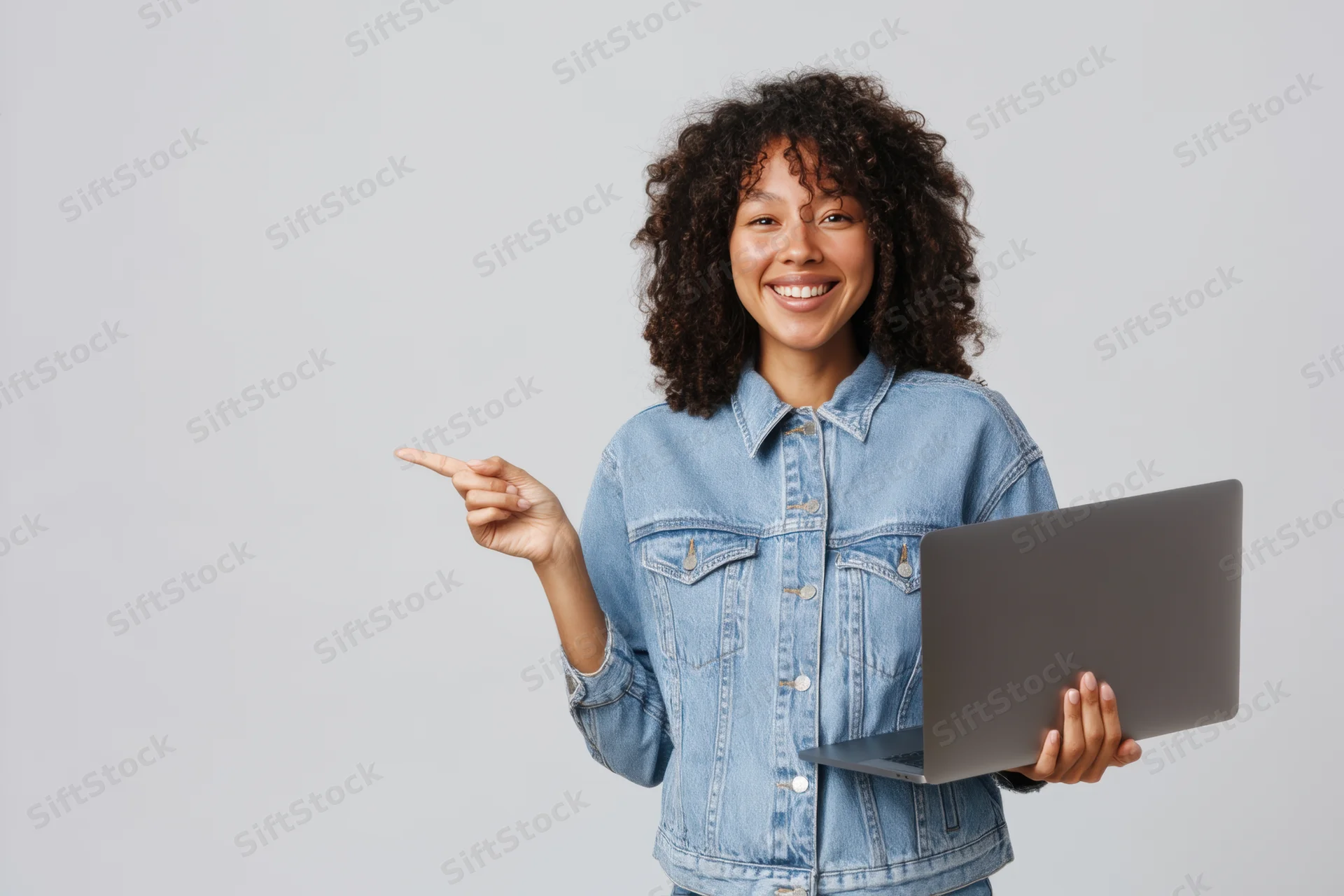 Smiling woman pointing while holding laptop in studio setting