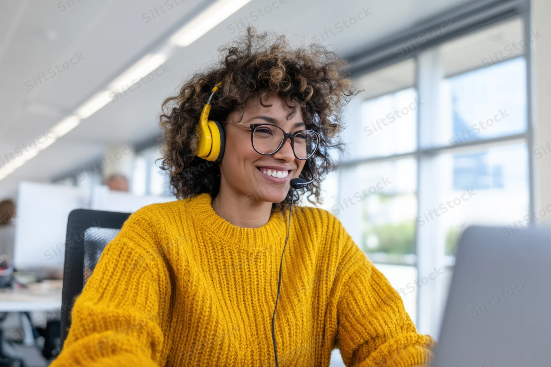 Woman smiling while wearing headset and working on laptop in office