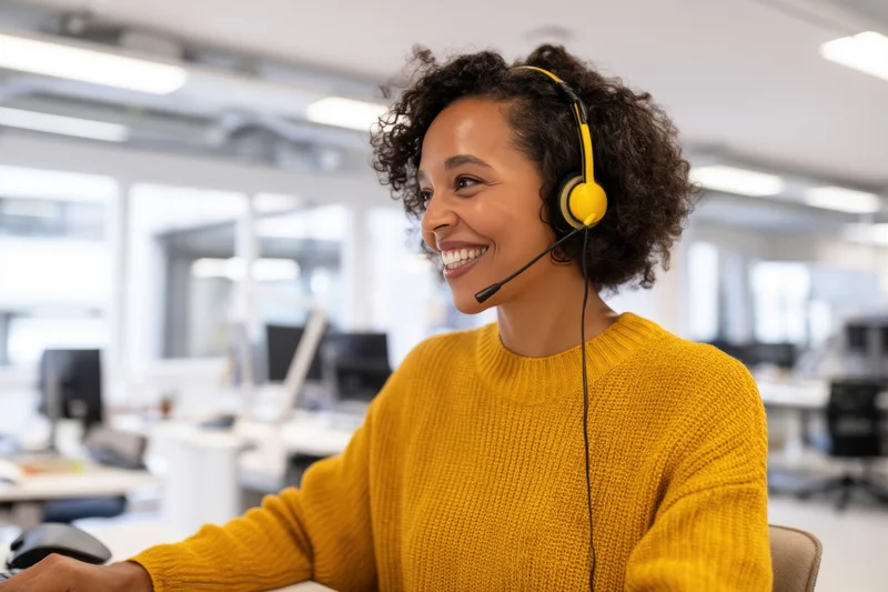 Woman smiling while wearing headset at office desk with computer