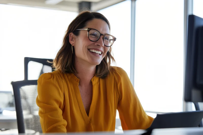Woman smiling at desk in office with computer and monitor
