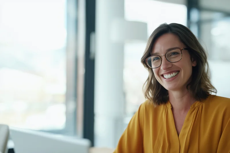 Woman smiling with glasses and shoulder-length brown hair in office setting wearing yellow blouse near window and laptop