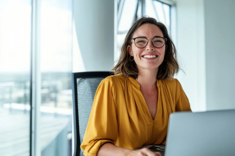 Woman smiling at laptop in office near window