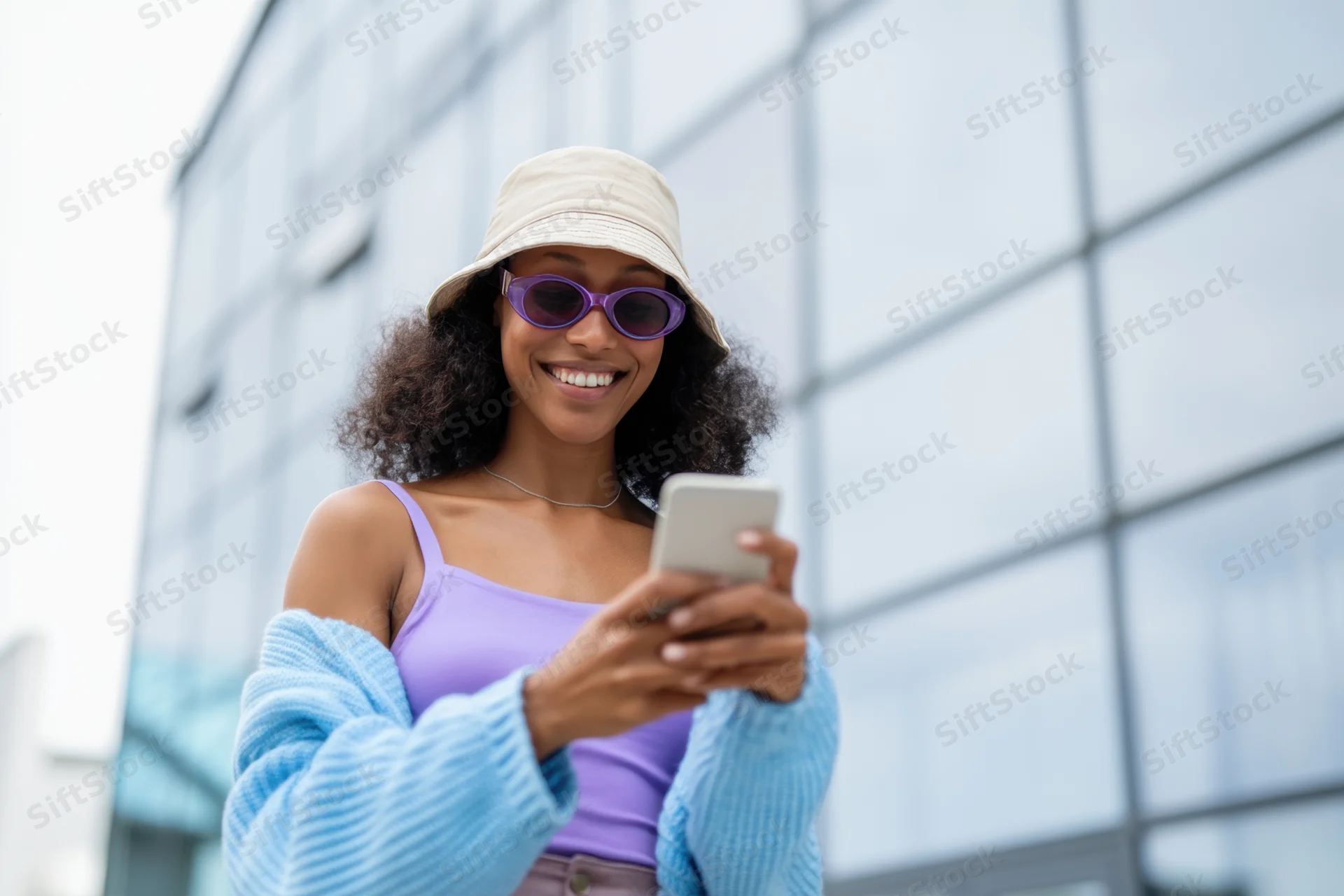 Young woman smiling while using smartphone outdoors in city setting