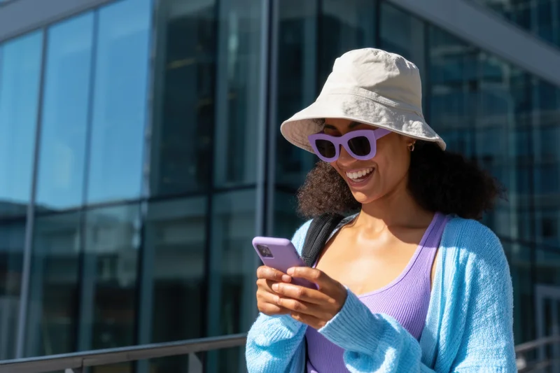 Young woman smiling while using smartphone outdoors in city setting