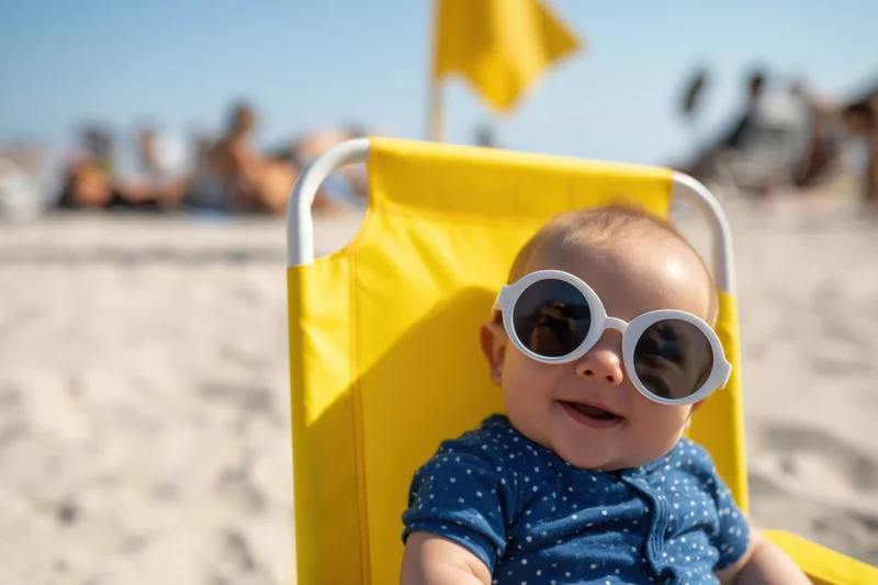 Baby in white round sunglasses smiling in yellow beach chair on sandy shore