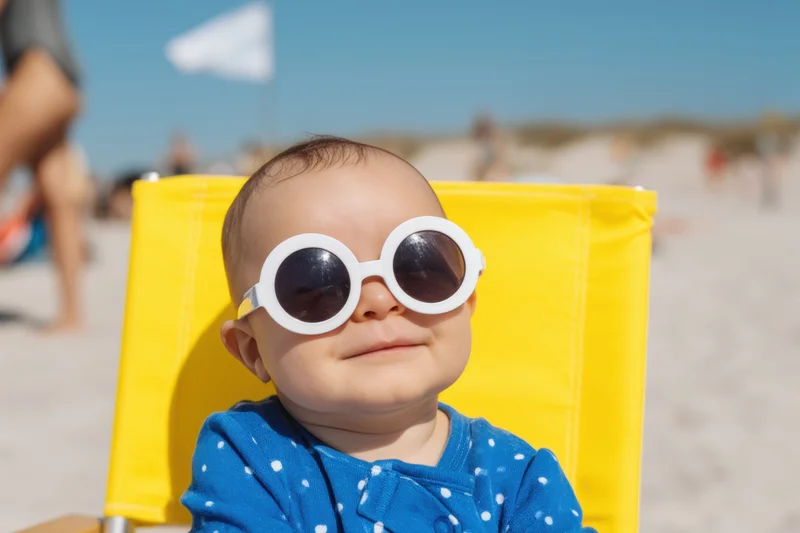 Baby in blue polka-dot onesie wearing white round sunglasses sitting in yellow beach chair on sandy shore
