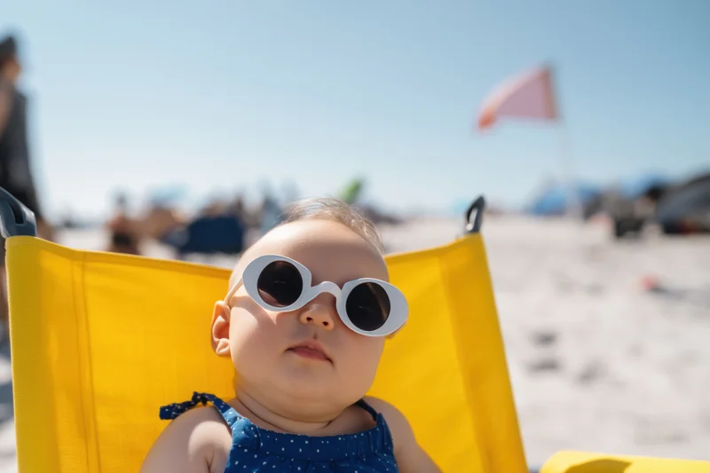 Baby wearing white sunglasses sitting in yellow beach chair on sandy shore