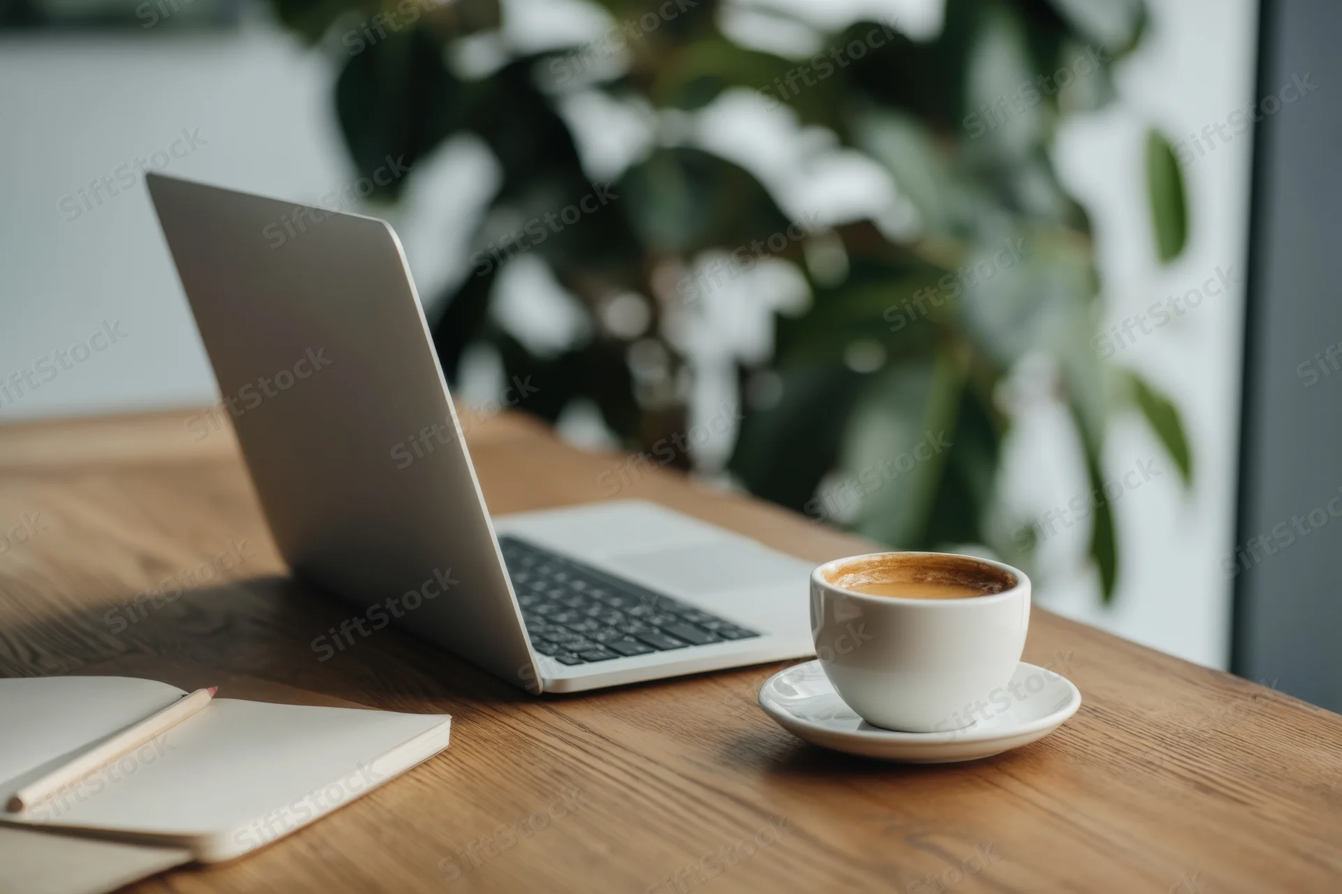 Open silver laptop on wooden desk with coffee cup and notebook beside a green plant