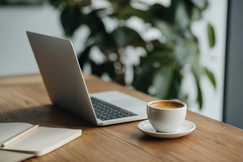 Open silver laptop on wooden desk with coffee cup and notebook beside a green plant