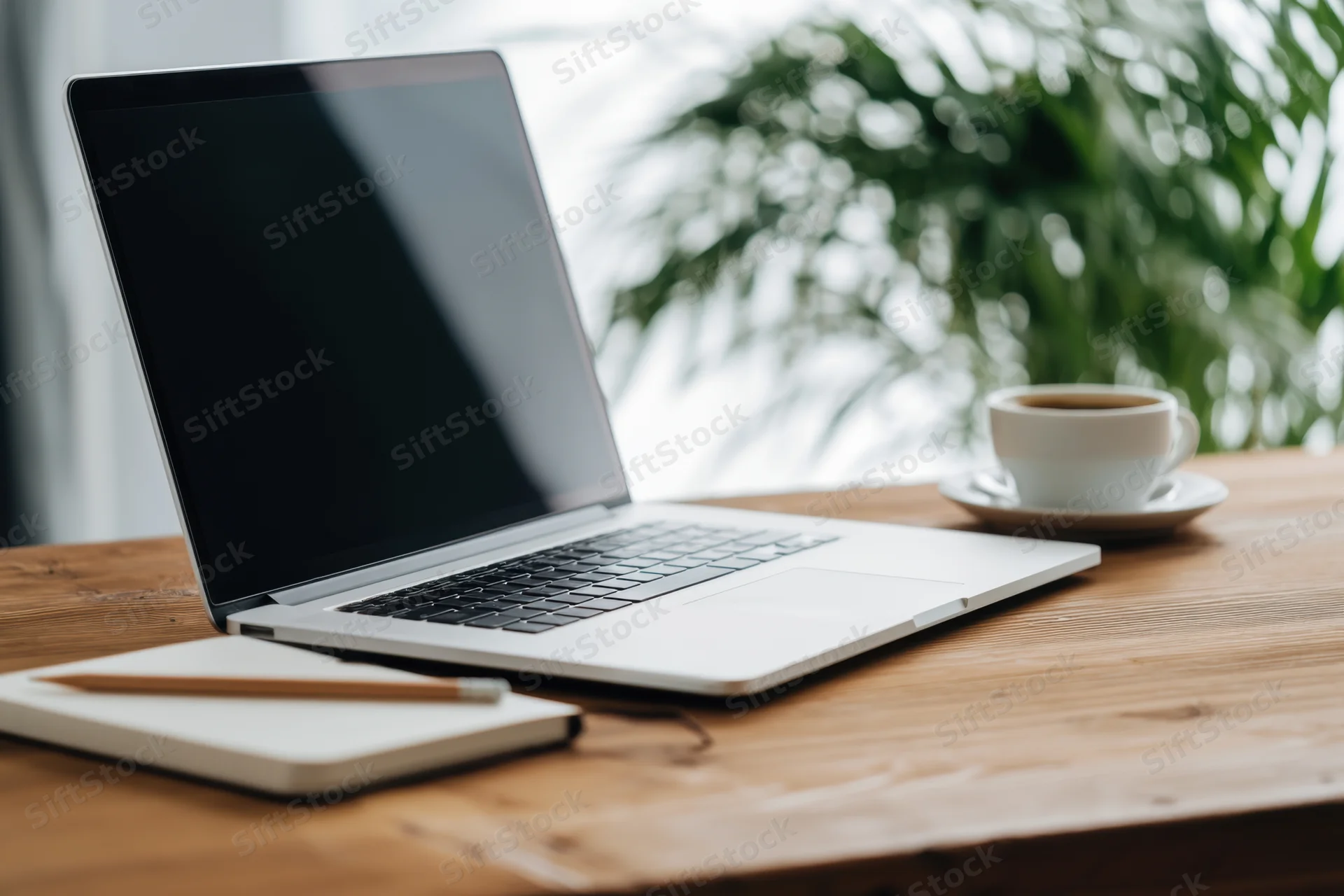 Open silver laptop on wooden desk with coffee cup and notebook beside a green plant