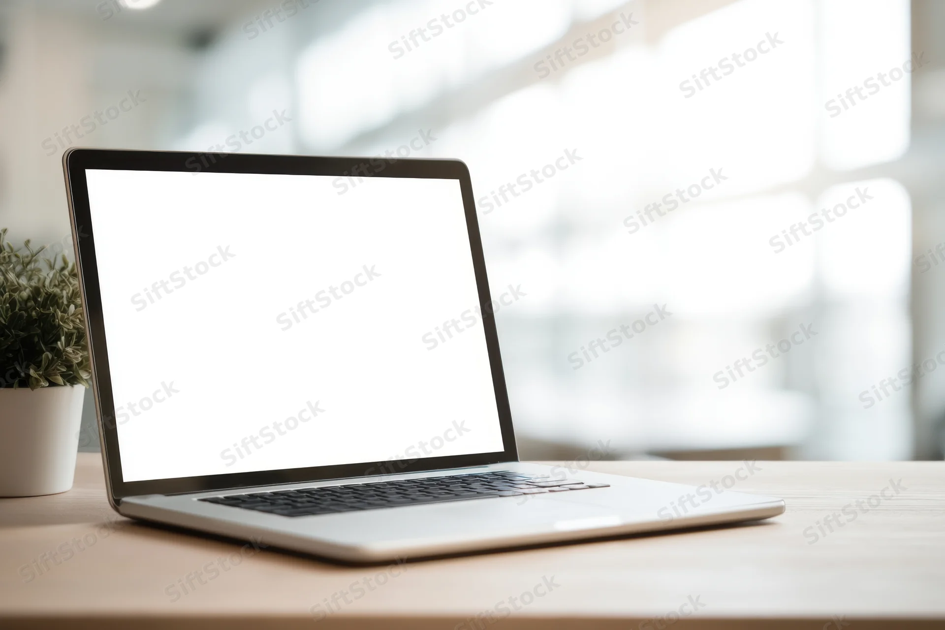 Silver laptop with blank screen on wooden desk in bright office workspace