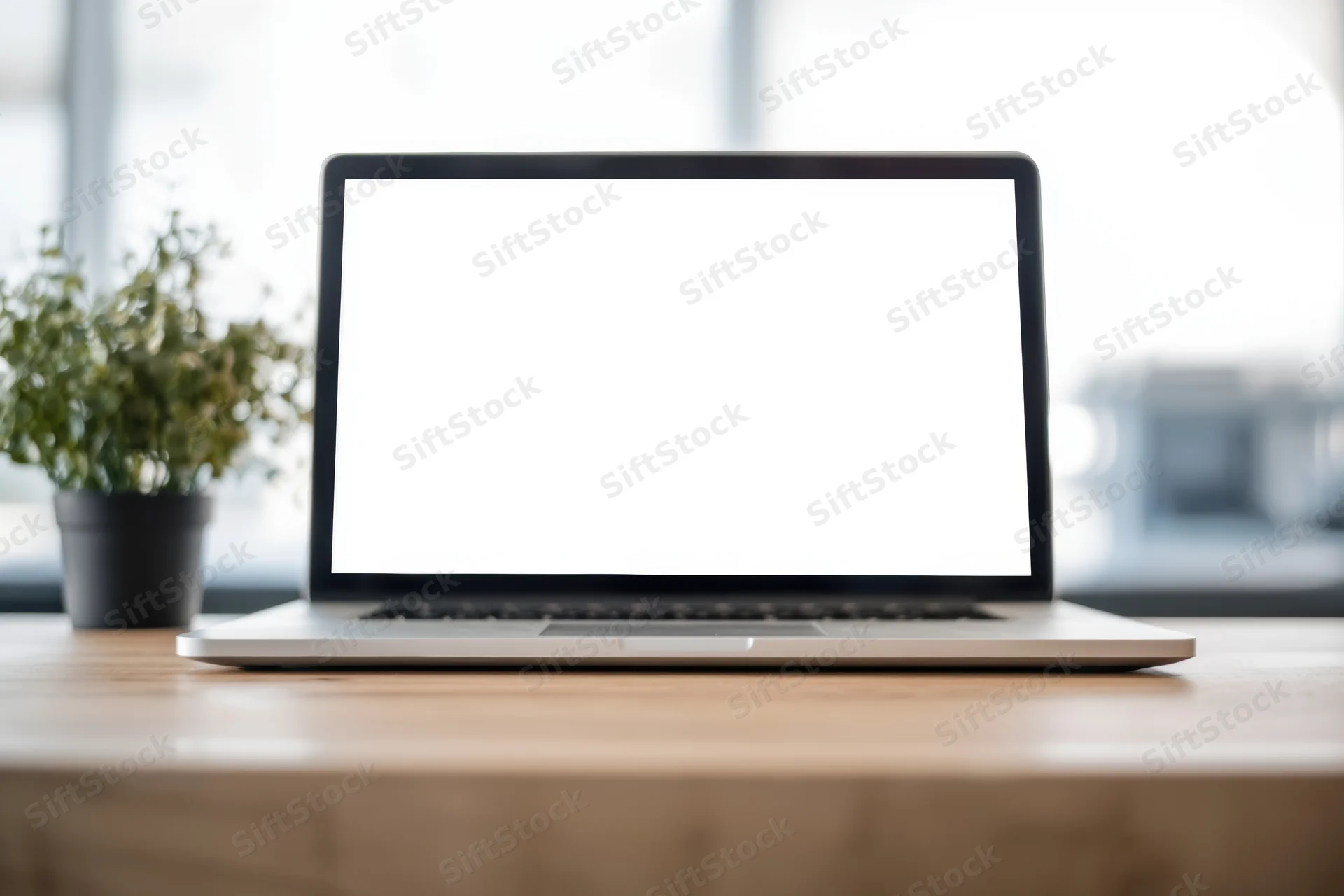 Silver laptop with blank white screen on wooden desk beside potted plant near window