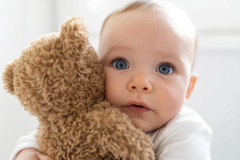 Baby hugging a fluffy brown teddy bear indoors with soft lighting and copyspace in the background
