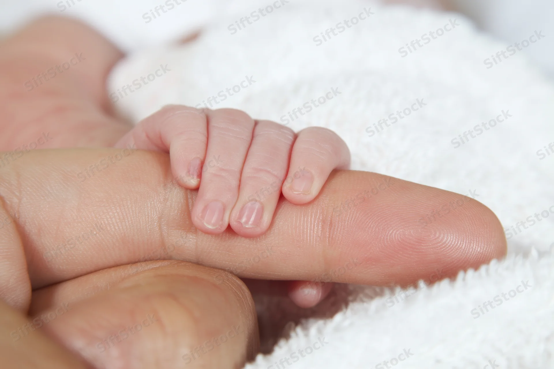 Baby's small hand gripping an adult finger on a white towel