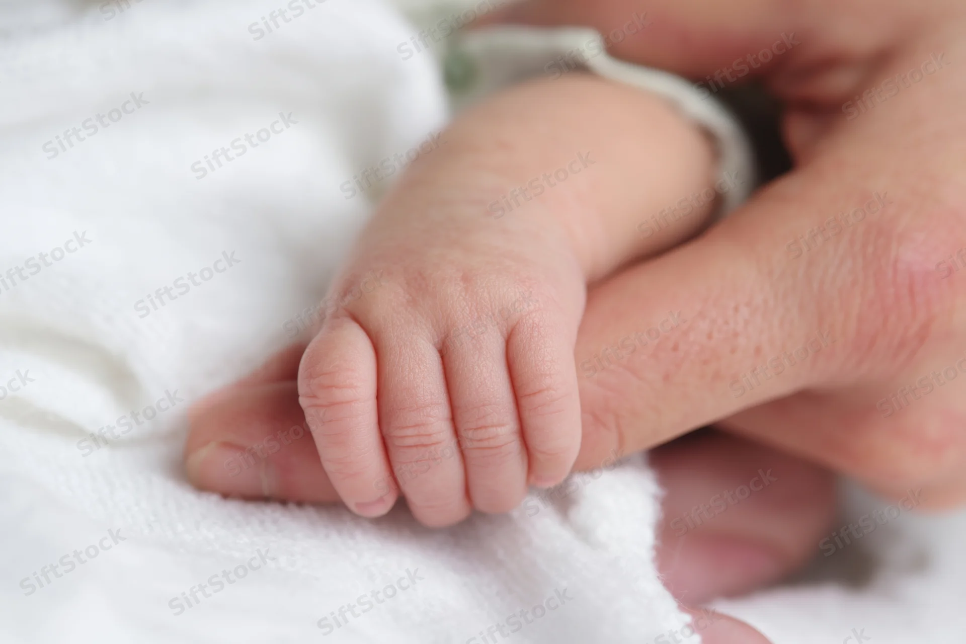 Baby's small hand gripping an adult finger on a white towel