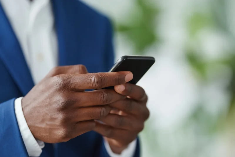 Close-up of a man's hands typing on a smartphone while wearing a blue suit and white shirt, outdoors with blurred greenery in the background