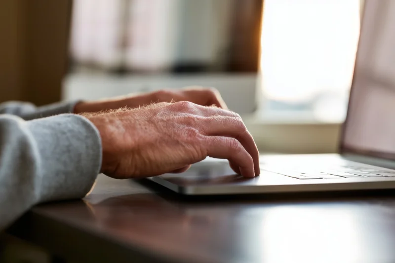 Hands typing on a laptop resting on a dark wood desk indoors
