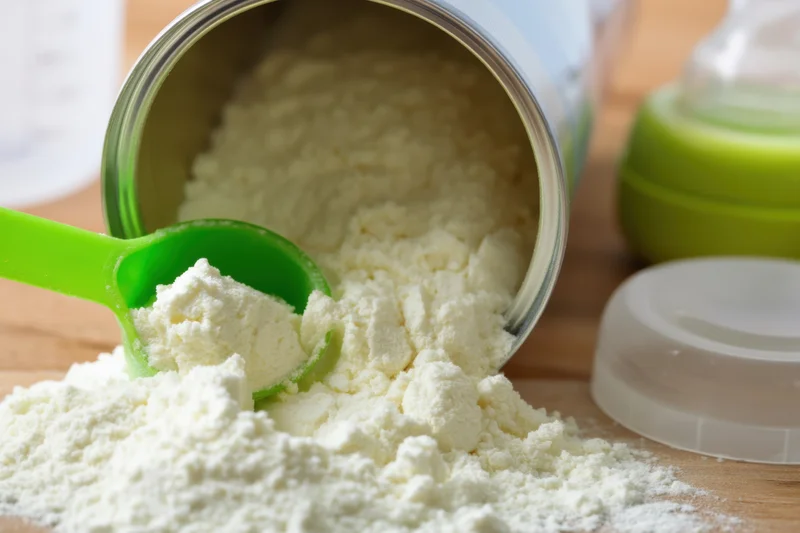Baby formula powder spilled from container with green scoop on wooden surface