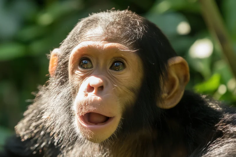 Young chimpanzee with open mouth and curious expression in natural forest setting