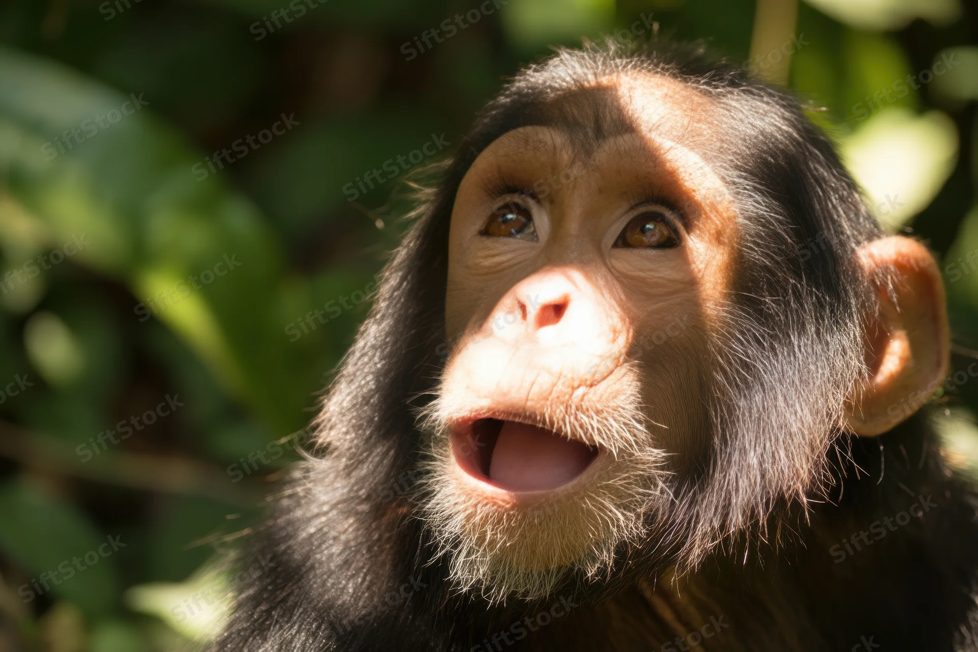 Young chimpanzee looking up with open mouth in jungle foliage