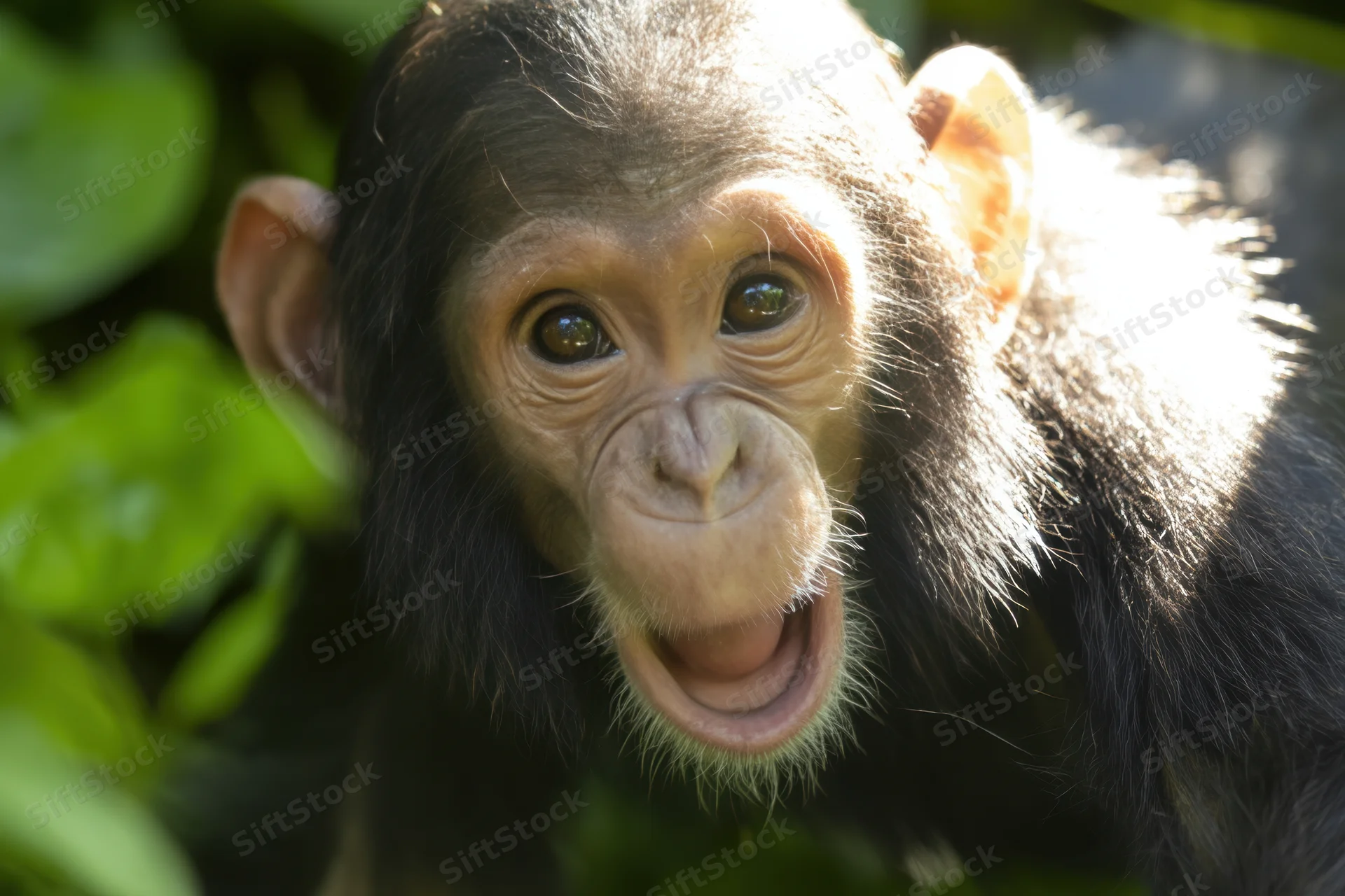 Young chimpanzee with open mouth and curious expression in green foliage