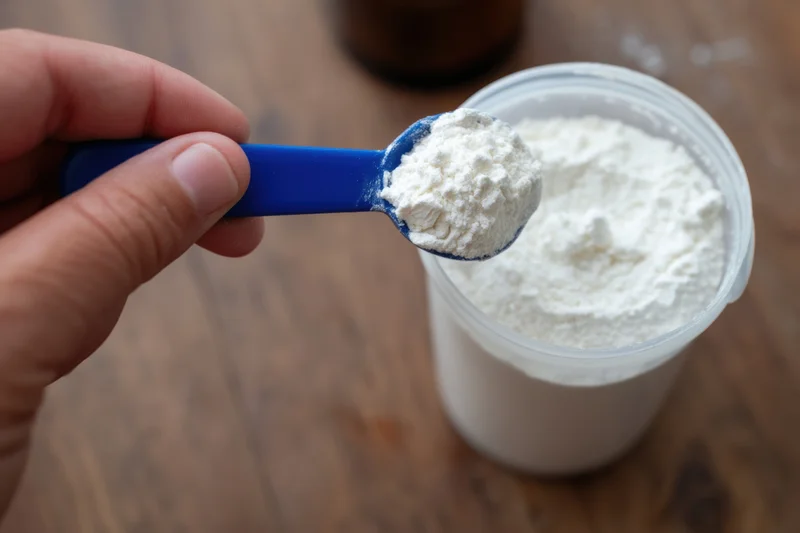 Hand holding blue scoop filled with white powder over plastic container on wooden surface
