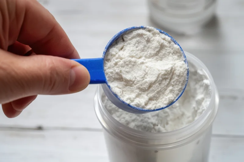 Hand holding blue scoop filled with white powder over plastic container on white surface