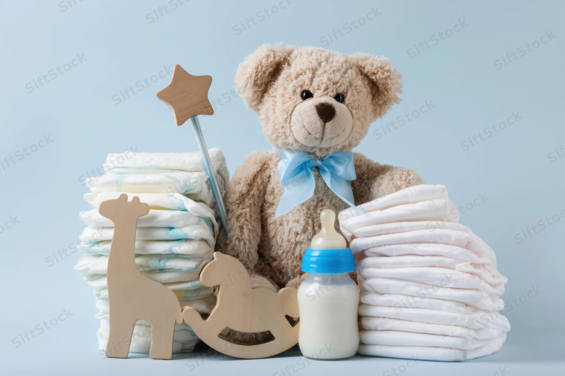 Plush teddy bear with blue bow sitting among stacks of diapers, a baby bottle, and wooden toys on a light blue background