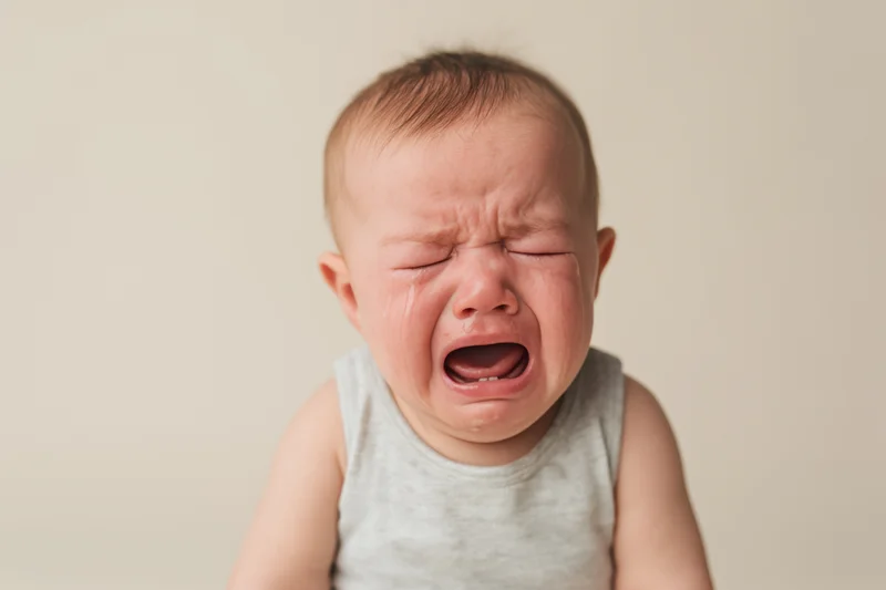 Crying baby with eyes squeezed shut and mouth open in a wail, wearing a gray sleeveless top against a neutral background
