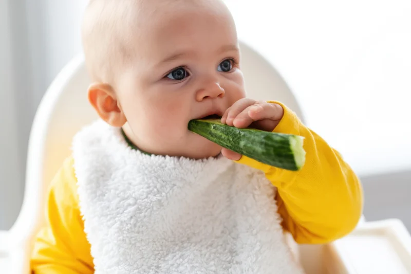 Baby in yellow shirt eating cucumber while sitting in highchair with white bib