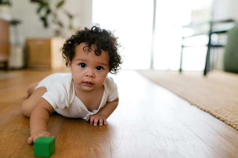 Toddler crawling on wooden floor with green block in hand
