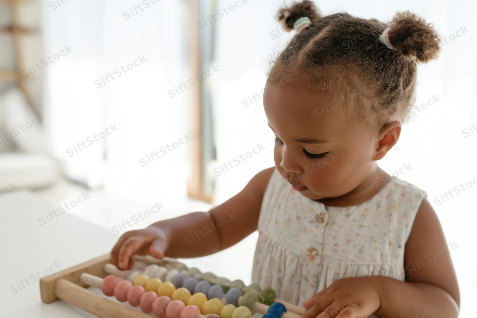 Toddler concentrating on wooden abacus with colorful beads at table