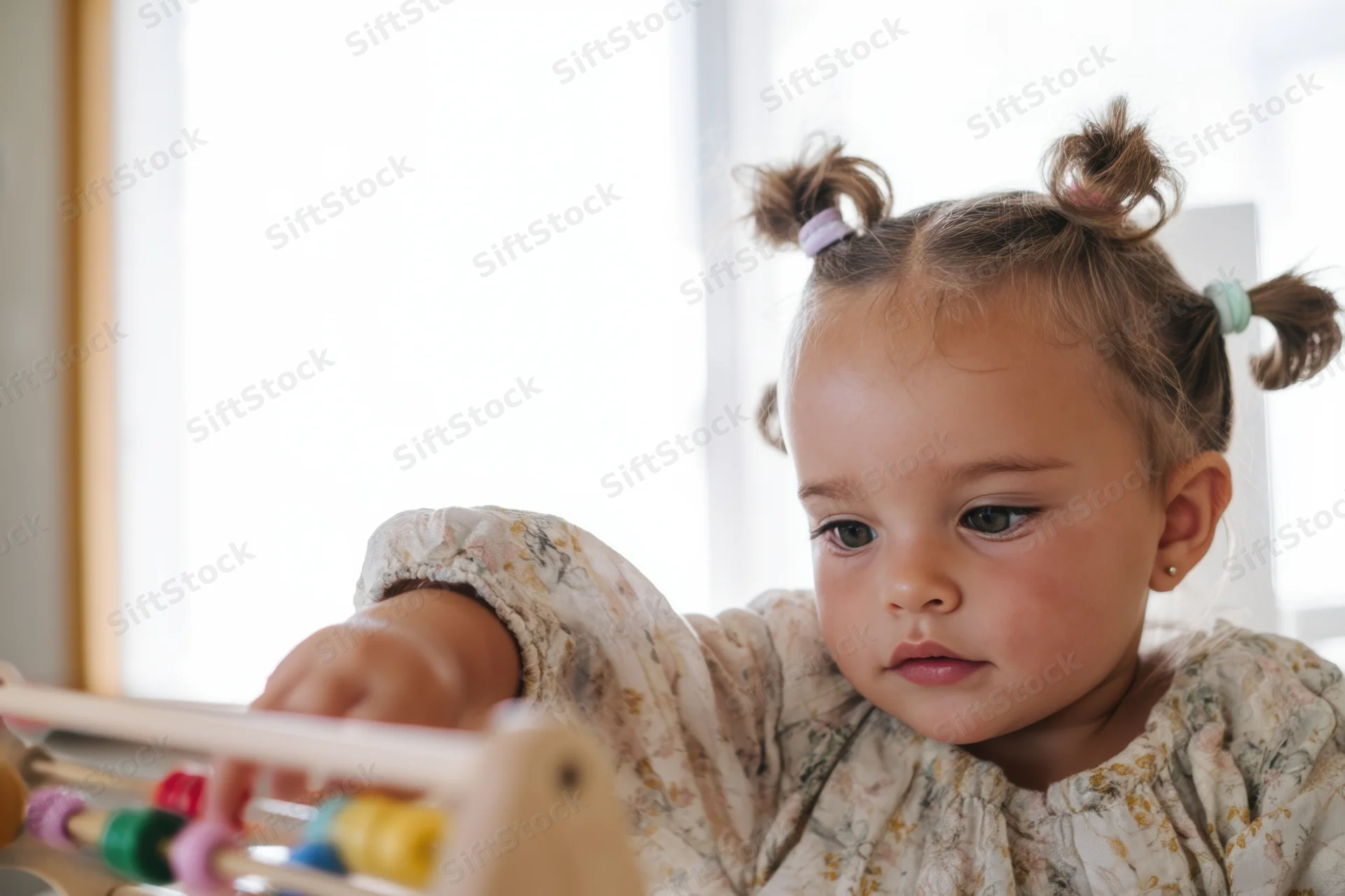 Toddler concentrating on wooden abacus with colorful beads indoors