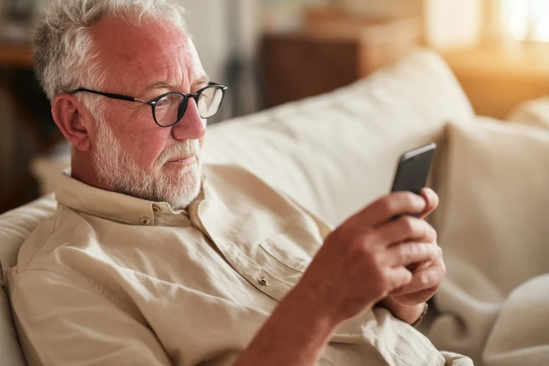 Senior man sitting on couch using smartphone at home