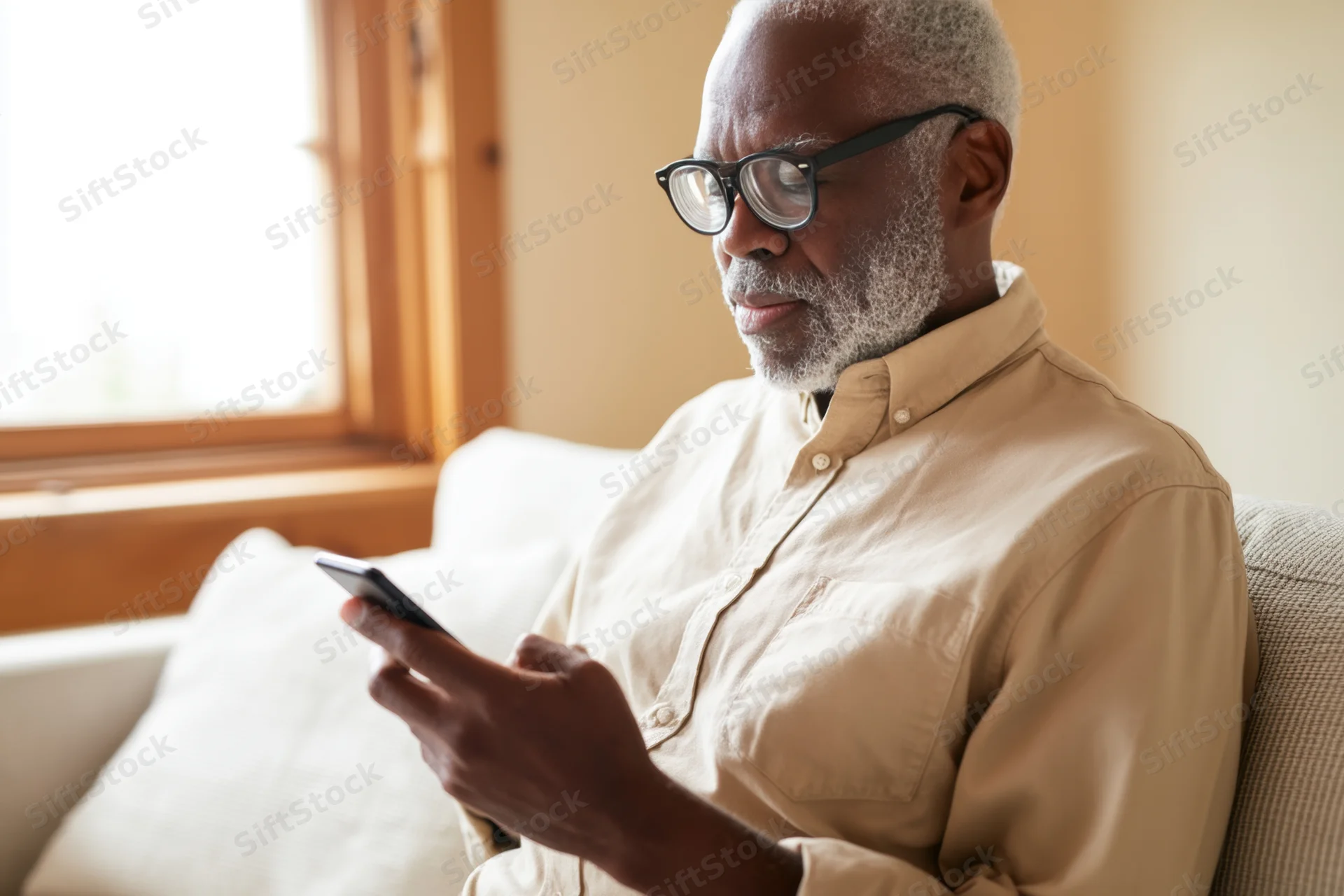 Senior man sitting on couch using smartphone in living room with natural light