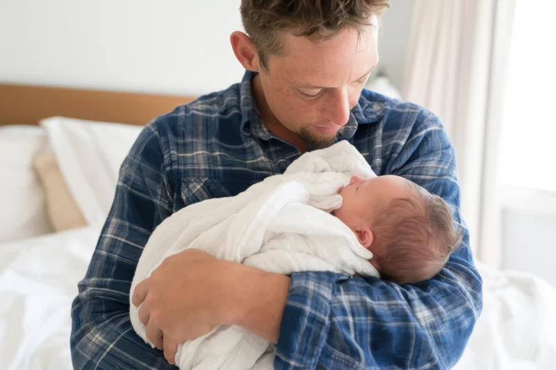 Father cradling newborn baby wrapped in white blanket in bedroom