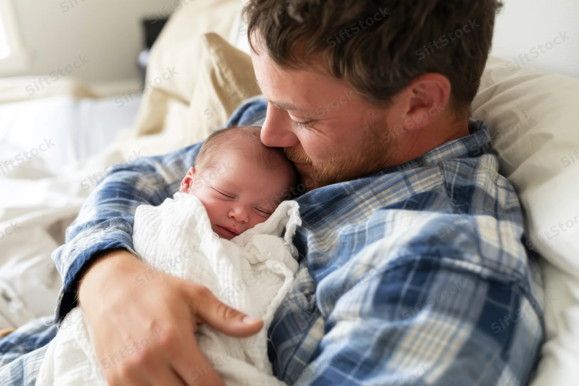Father cradling sleeping newborn wrapped in white blanket in bed