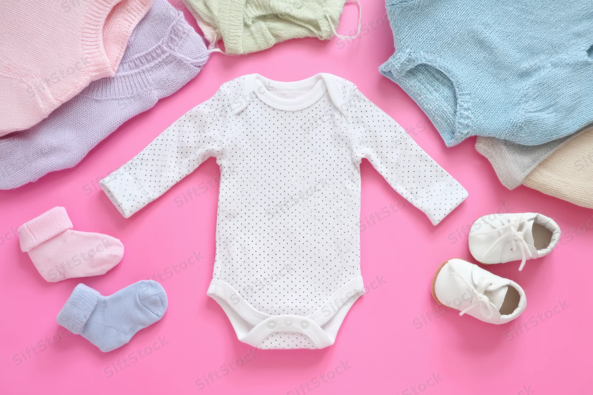 Baby clothes arranged in flat lay on pink background centered on white onesie with socks and shoes around