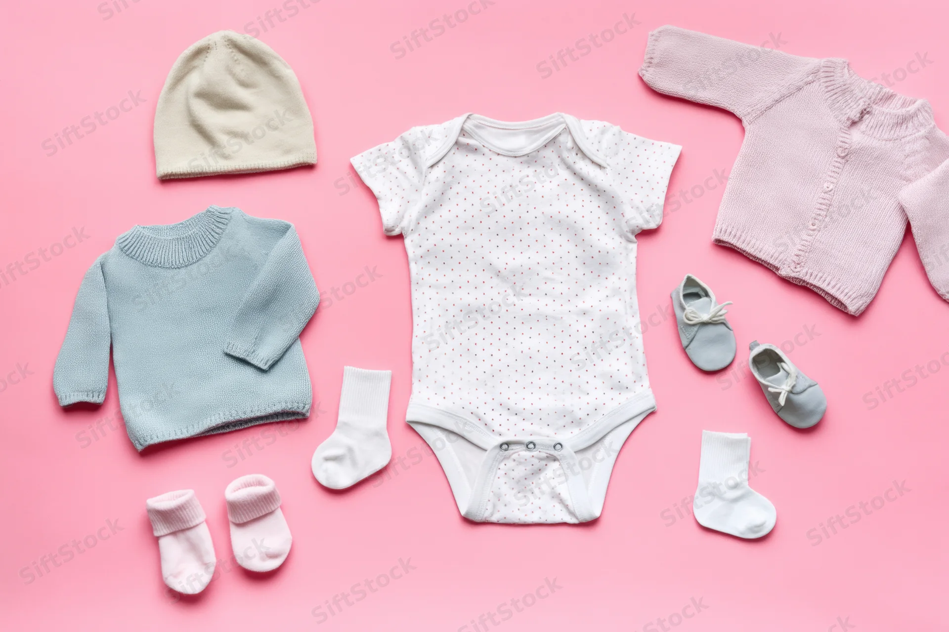 Baby clothes arranged in flat lay on pink background