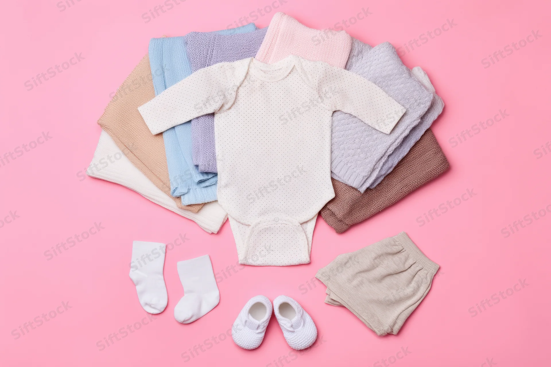Baby clothes arranged in flat lay on pink background
