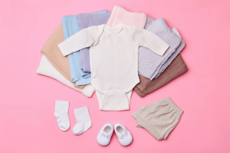 Baby clothes arranged in flat lay on pink background